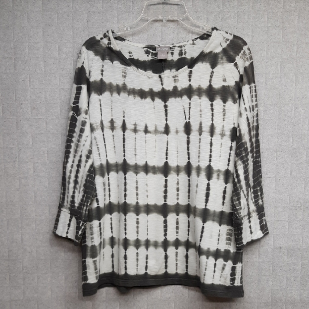 Chico's Dark Grey and Cream Tie Dye Dolman Sleeve Top